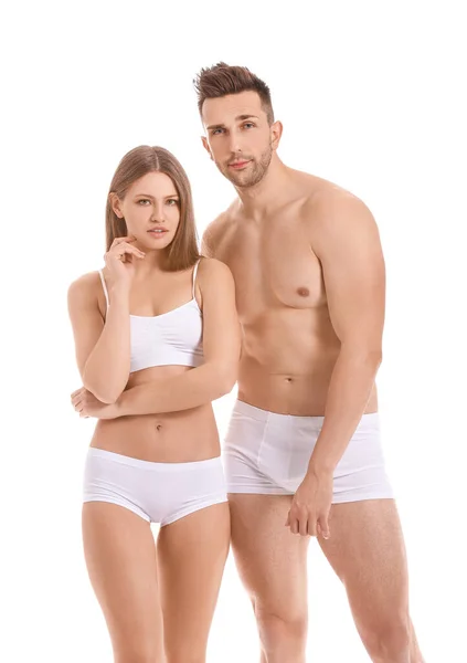 Jeune Couple Sous Vêtements Sur Fond Blanc — Photo