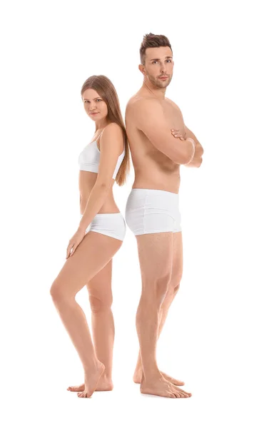 Young Couple Underwear White Background — Stock Photo, Image