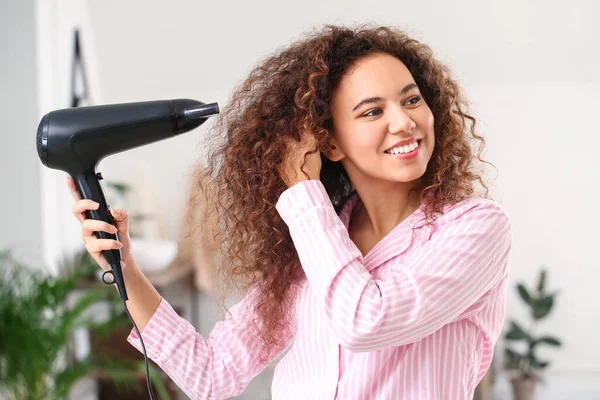 Beautiful Young African American Woman Blow Dryer Home — Stock Photo, Image