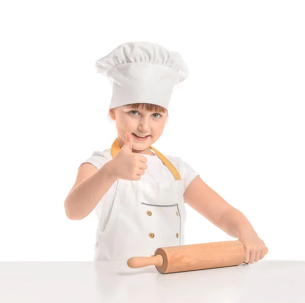 Cute Little Chef Wałkiem Białym Tle — Zdjęcie stockowe