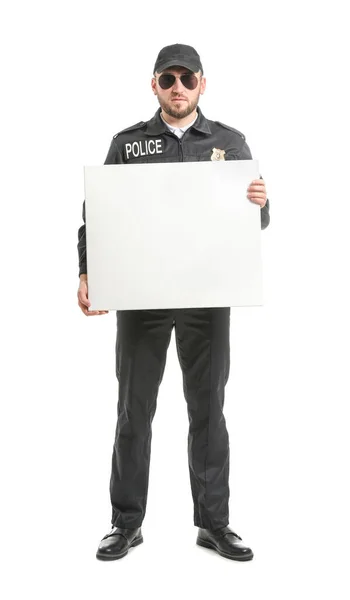 Männlicher Polizeibeamter Mit Leerem Plakat Auf Weißem Hintergrund — Stockfoto
