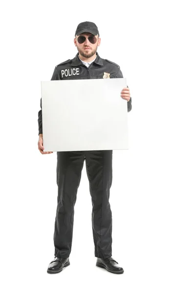 Man Politieagent Met Blanco Poster Witte Achtergrond — Stockfoto