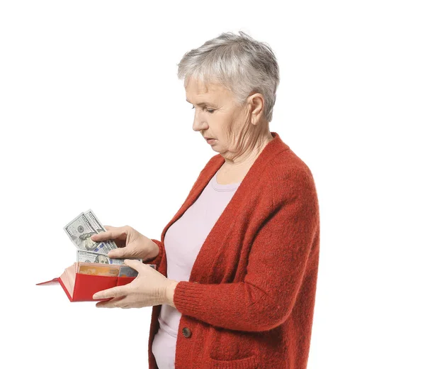 Mulher Sênior Com Carteira Dinheiro Fundo Branco — Fotografia de Stock