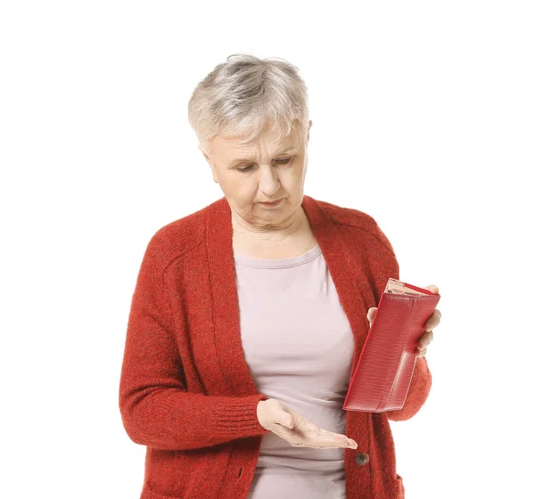 Senior Woman Empty Wallet White Background — Stock Photo, Image