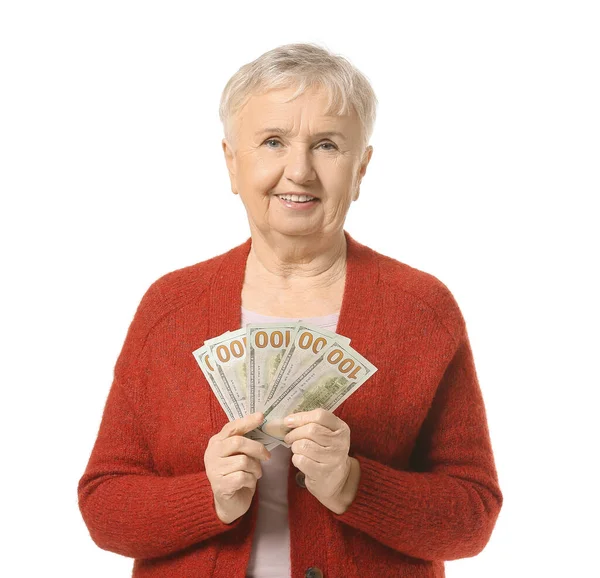 Mulher Sênior Com Dinheiro Fundo Branco — Fotografia de Stock