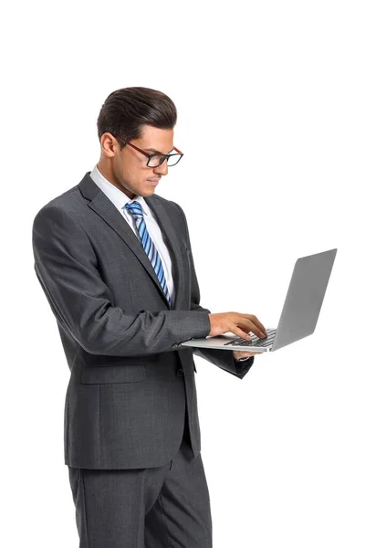 Jóképű Üzletember Laptop Fehér Háttér — Stock Fotó