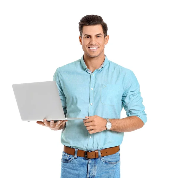 Stilig Man Med Laptop Vit Bakgrund — Stockfoto