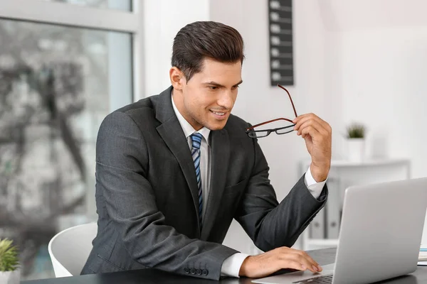 Handsome Businessman Working Laptop Office — Stock Photo, Image
