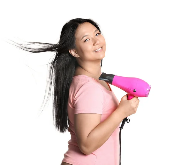 Beautiful Asian Woman Hair Dryer White Background — Stock Photo, Image