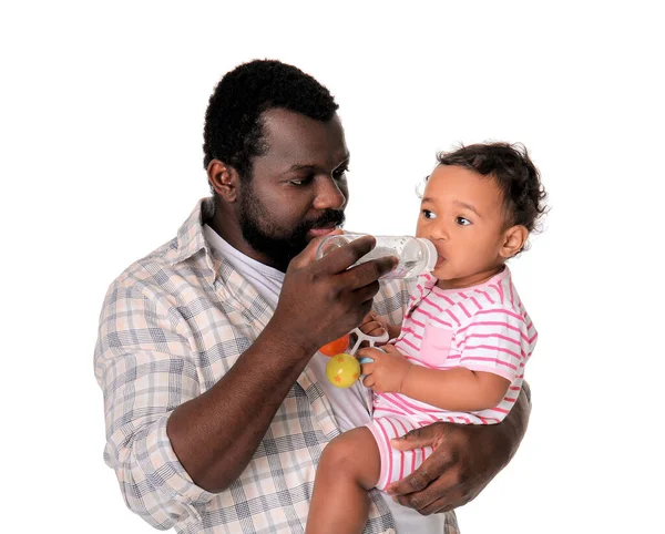 African American Man Giving Water His Cute Baby White Background — Stock Photo, Image