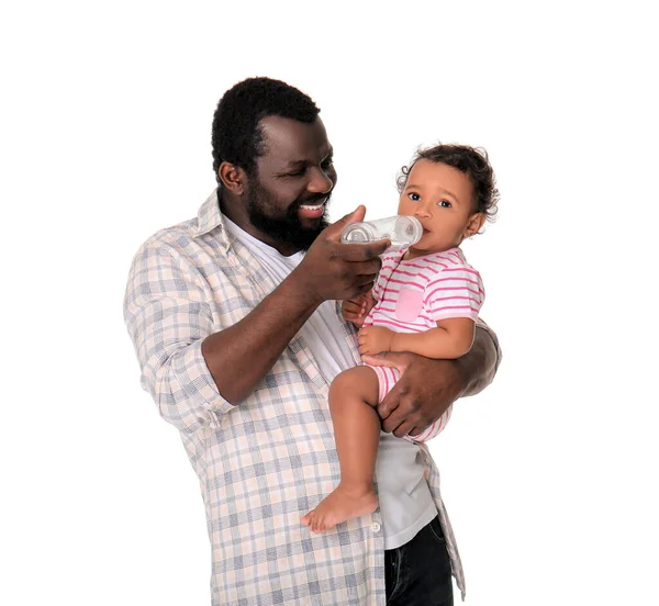 African American Man Giving Water His Cute Baby White Background — Stock Photo, Image