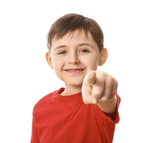 Happy Smiling Little Boy Pointing Viewer White Background — Stock Photo, Image
