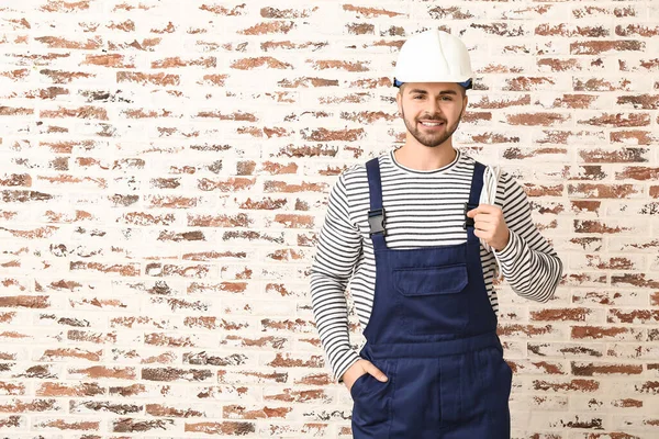 Handsome Male Worker Brick Background — Stock Photo, Image