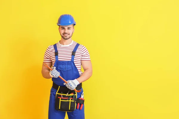 Handsome Male Worker Color Background — Stock Photo, Image