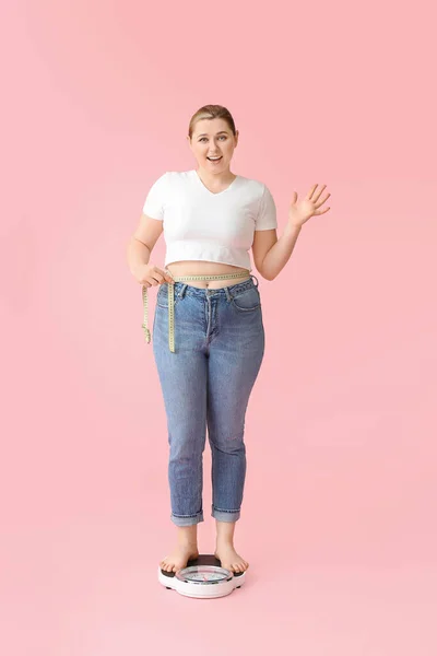 Overweight Woman Standing Scales Color Background Weight Loss Concept — 스톡 사진