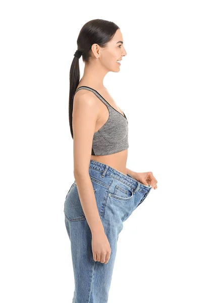 Young Woman Loose Clothes White Background Weight Loss Concept — Stock Photo, Image