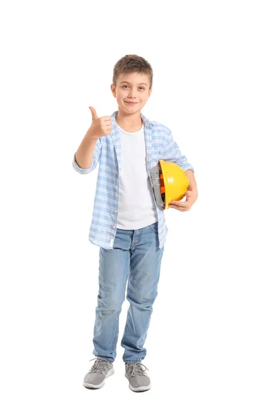 Lindo Pequeño Arquitecto Mostrando Pulgar Hacia Arriba Sobre Fondo Blanco — Foto de Stock