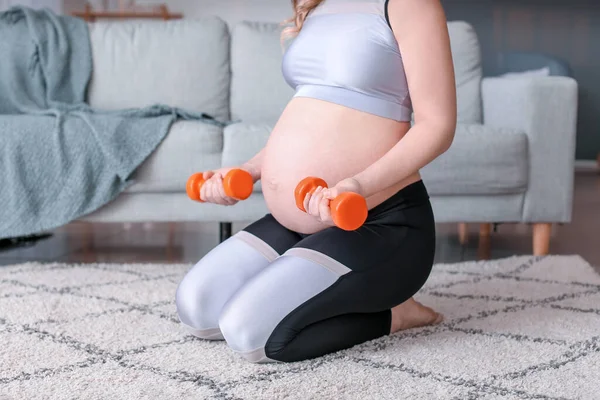 Sporty Pregnant Woman Doing Exercises Home — Stock Photo, Image