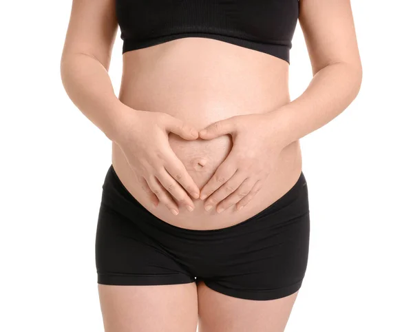 Hermosa Mujer Embarazada Sobre Fondo Blanco Primer Plano —  Fotos de Stock