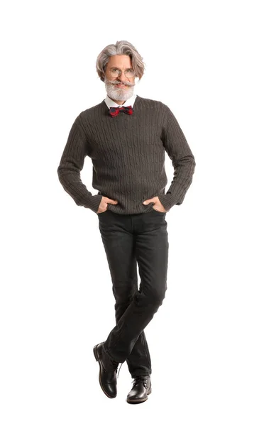 Stilvolle Ältere Mann Auf Weißem Hintergrund — Stockfoto