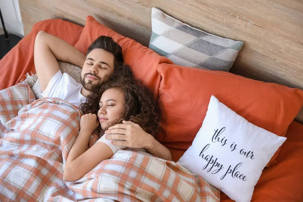 Happy Young Couple Sleeping Bed Home — Stock Photo, Image