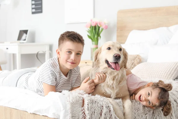 Счастливые Дети Собакой Спальне Дома — стоковое фото