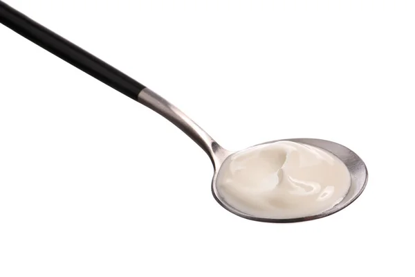 Cuchara Con Sabroso Yogur Sobre Fondo Blanco — Foto de Stock