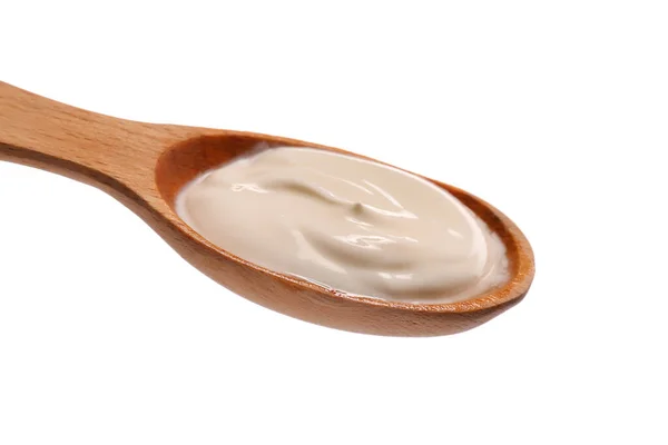 Cuchara Con Sabroso Yogur Sobre Fondo Blanco — Foto de Stock