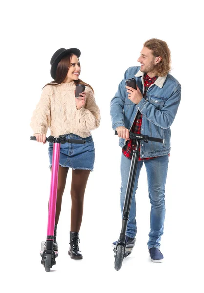 Young Couple Kick Scooters Cups Coffee White Background — 스톡 사진