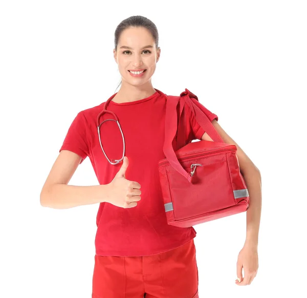 Female Paramedic Bag Showing Thumb Gesture White Background — Stock Photo, Image