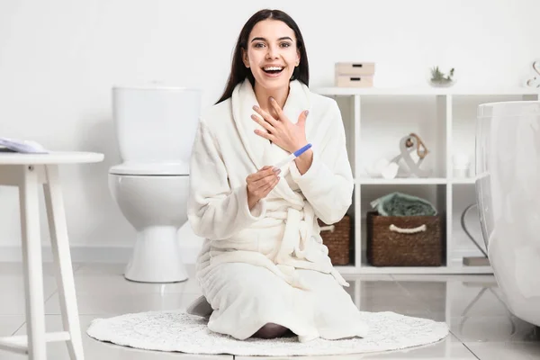 Happy Young Woman Pregnancy Test Bathroom — Stock Photo, Image