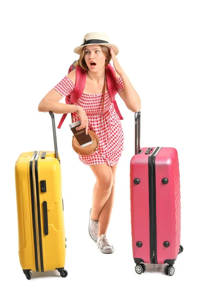 Shocked Female Tourist Luggage White Background — Stock Photo, Image