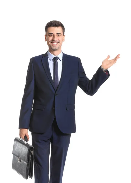 Male Bank Manager Showing Something White Background — Stock Photo, Image