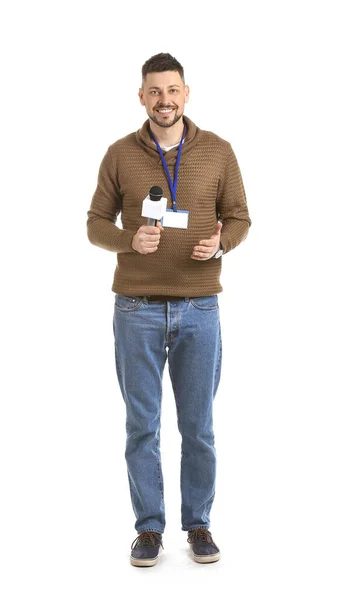 Male Journalist Microphone White Background — 图库照片