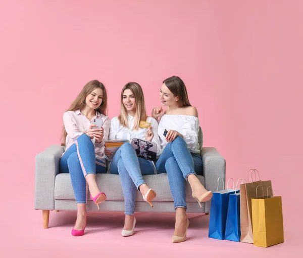 Young Women Shopping Bags Credit Cards Mobile Phone Sitting Sofa — 스톡 사진