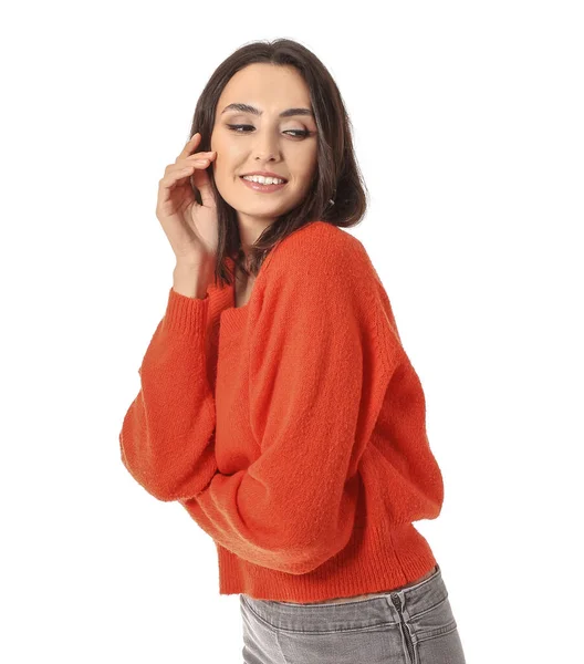 Beautiful Young Woman Warm Sweater White Background — Stock Photo, Image