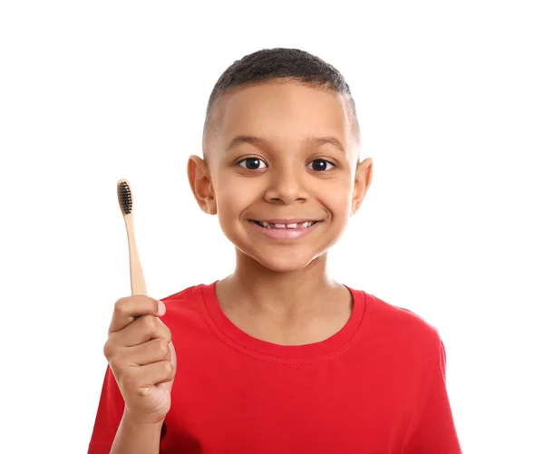 Μικρό Αφροαμερικανό Αγόρι Οδοντόβουρτσα Λευκό Φόντο — Φωτογραφία Αρχείου