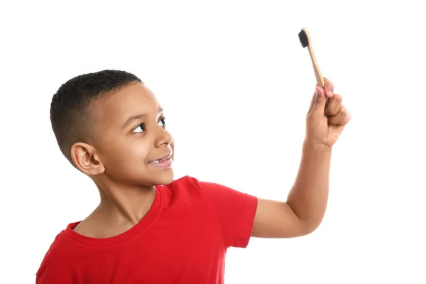 Little African American Boy Tooth Brush White Background — Stock Photo, Image