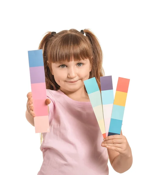 Klein Meisje Met Kleurenpaletten Witte Achtergrond — Stockfoto