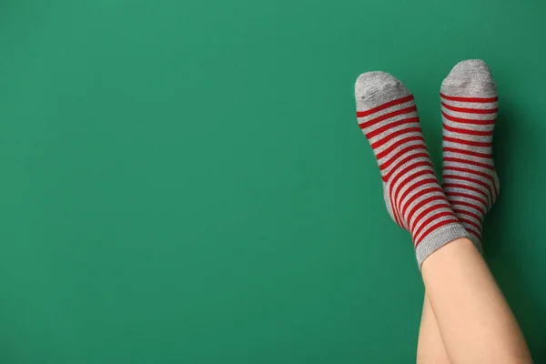 Legs Little Girl Socks Color Background — Stock Photo, Image