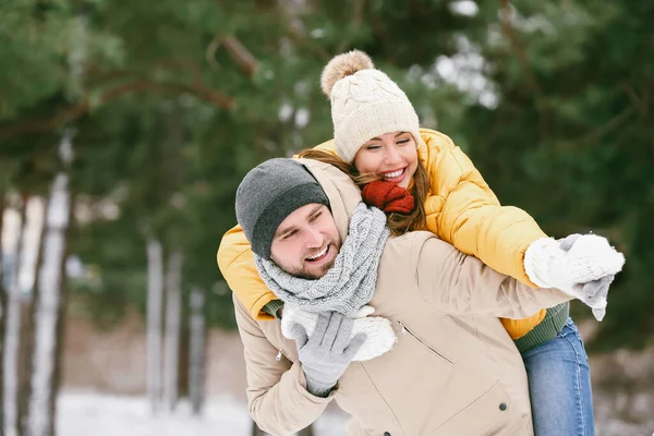 幸せな若いカップルで公園で冬の日 — ストック写真