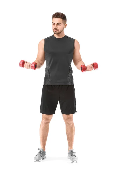 Sporty Young Man Training Dumbbells White Background — Stock Photo, Image