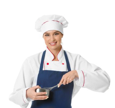 Beyaz arka planda güzel bir kadın şef.