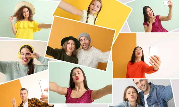 Collage Bilder Med Olika Personer Som Tar Selfie — Stockfoto