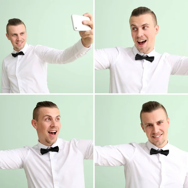 Collage Handsome Man Taking Selfie Color Background — Stock Photo, Image