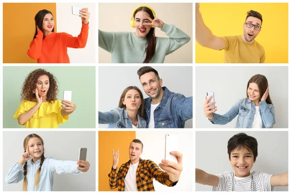 Collage Foto Con Persone Diverse Che Scattano Selfie — Foto Stock