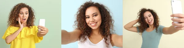 Collage Photos Beautiful African American Woman Taking Selfie — Stock Photo, Image