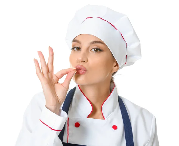 Hermosa Chef Femenina Sobre Fondo Blanco —  Fotos de Stock