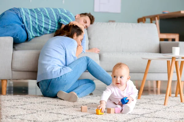 Cute Baby Stressed Couple Suffering Postnatal Depression Home — Stock Photo, Image