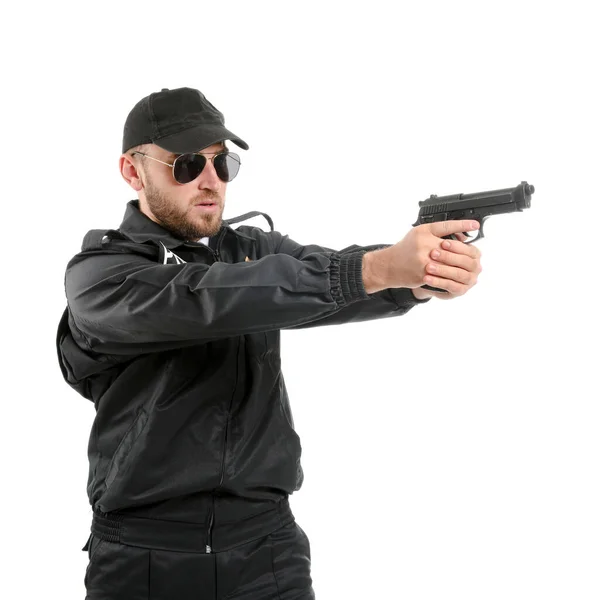 Oficial Policía Masculino Con Arma Sobre Fondo Blanco — Foto de Stock